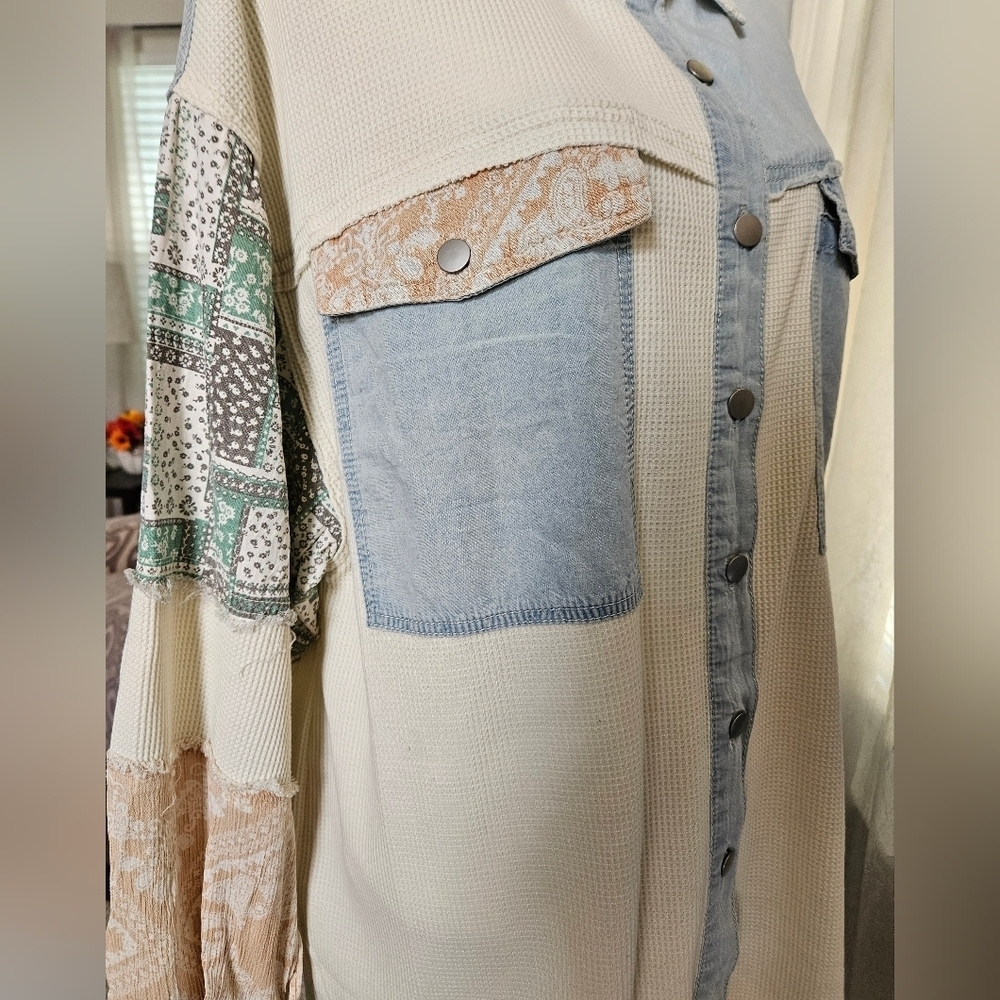POL Patchwork Denim Shirt/Jacket Blue Ivory Sz L - Picture 9 of 12
